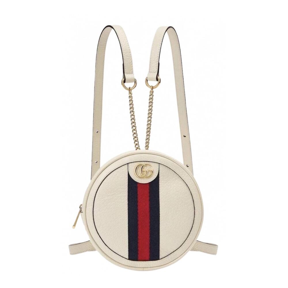 NEW!  GUCCI ROUND LEATHER WHITE WEB BACKPACK SHOULDER BAG AUTHENTIC BOX!